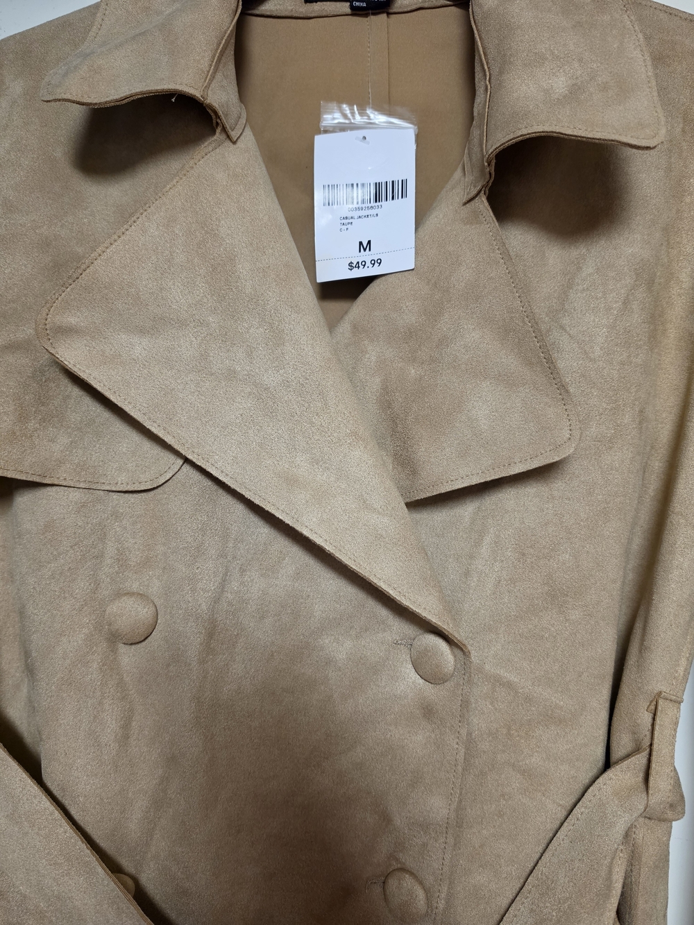 Forever 21 Suede-Look Tan Double-Breasted Trench Coat